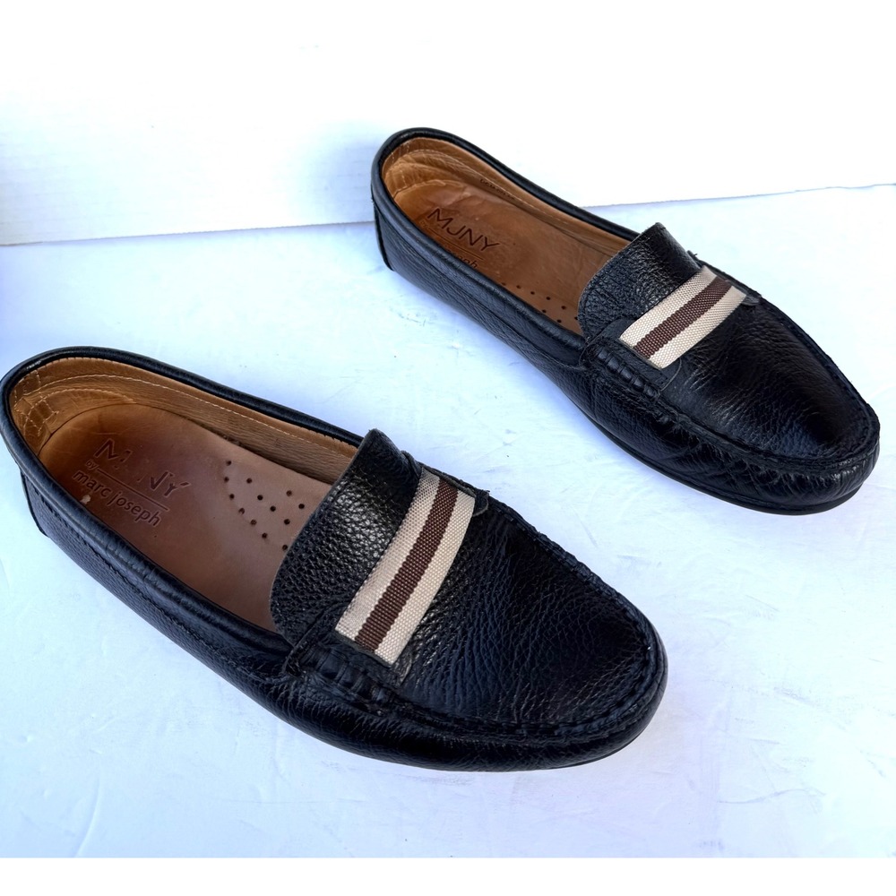 Marc‎ Joseph New York MJNY Black Pebbled Leather Striped Slip On Flat Loafers 7 - Picture 2 of 11